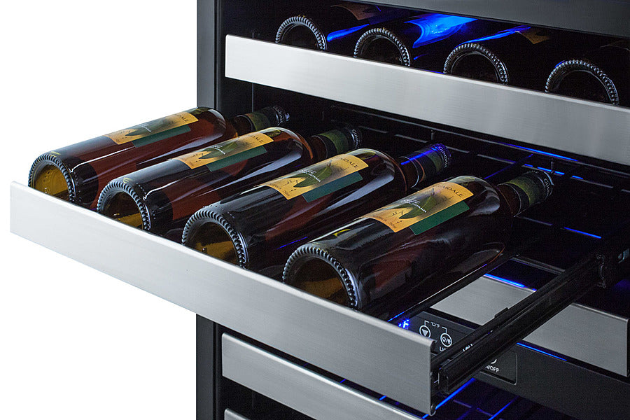 Summit ALWC532 dual-zone wine cellar with stainless steel trim, blue LED lighting, and adjustable shelves for Bordeaux and Burgundy bottles - MyAppliancesShop