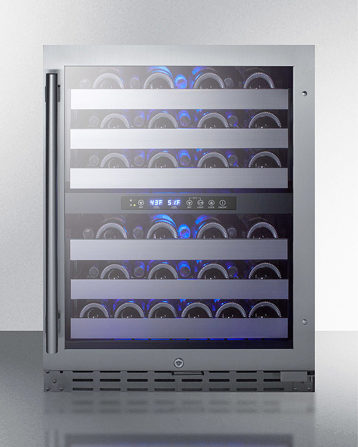 Summit ALWC532 dual-zone wine cellar with stainless steel trim, blue LED lighting, and adjustable shelves for Bordeaux and Burgundy bottles - MyAppliancesShop