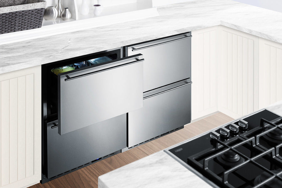 Front view of the SUMMIT FF642D with stainless steel finish and open drawers showing adjustable dividers and a sliding chrome basket - MyAppliancesShop