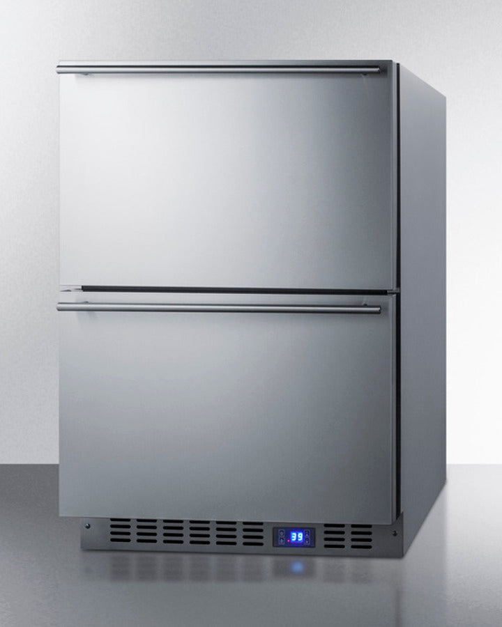 Front view of the SUMMIT FF642D with stainless steel finish and open drawers showing adjustable dividers and a sliding chrome basket - MyAppliancesShop