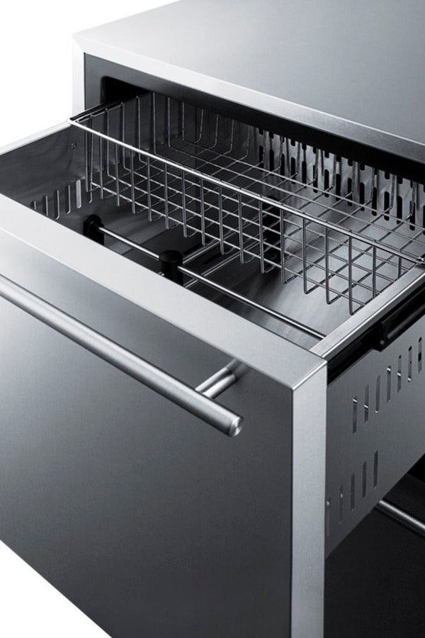 Front view of the SUMMIT FF642D with stainless steel finish and open drawers showing adjustable dividers and a sliding chrome basket - MyAppliancesShop