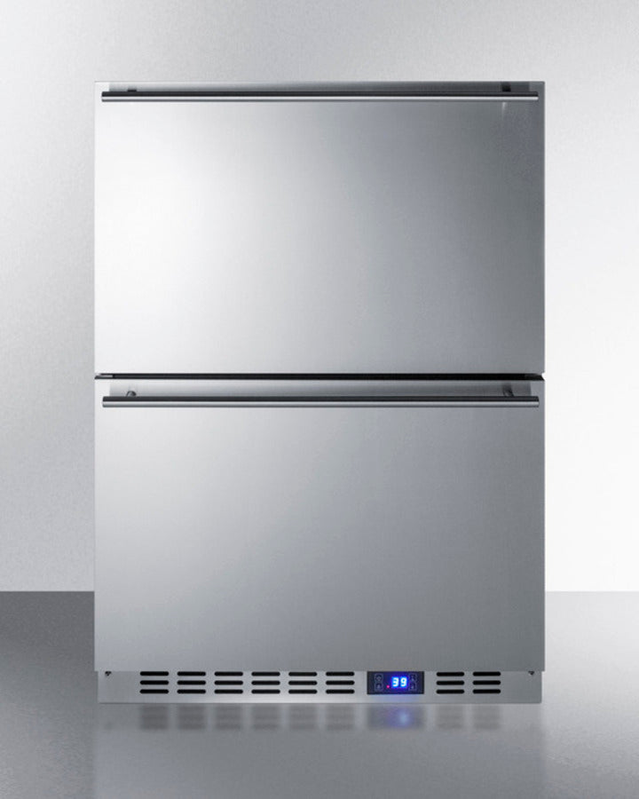 Front view of the SUMMIT FF642D with stainless steel finish and open drawers showing adjustable dividers and a sliding chrome basket - MyAppliancesShop