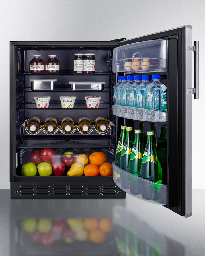 Summit FF6BK2SS undercounter refrigerator with a sleek stainless steel door, black cabinet, adjustable glass shelves, spacious interior, and quiet performance - MyAppliancesShop