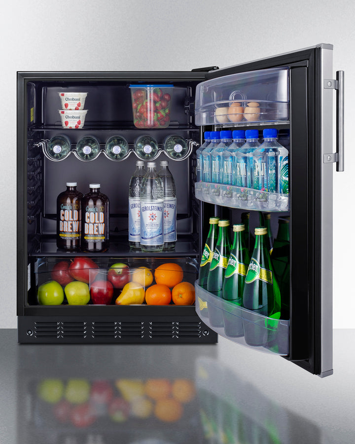 Summit FF6BK2SS undercounter refrigerator with a sleek stainless steel door, black cabinet, adjustable glass shelves, spacious interior, and quiet performance - MyAppliancesShop