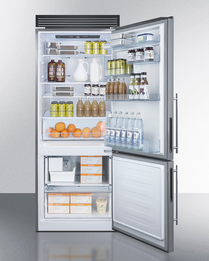 Summit FFBF279SSXIMH72 frost-free refrigerator-freezer with stainless steel doors, LED lighting, adjustable glass shelves, crisper drawer, and factory-installed icemaker - MyAppliancesShop