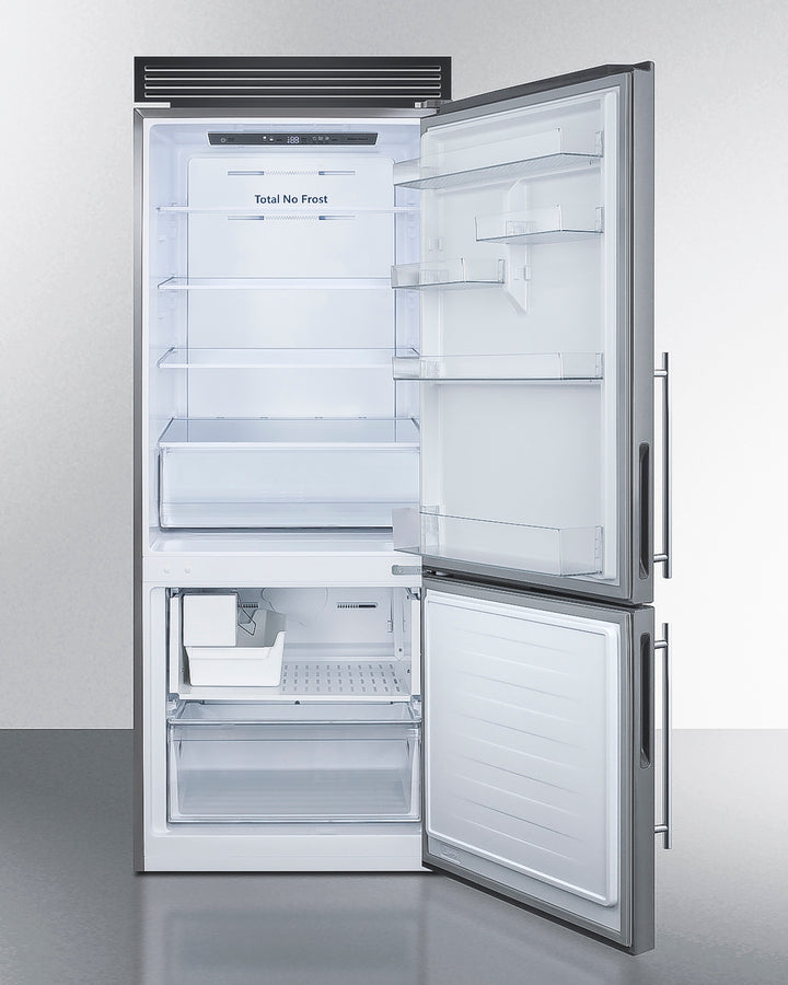 Summit FFBF279SSXIMH72 frost-free refrigerator-freezer with stainless steel doors, LED lighting, adjustable glass shelves, crisper drawer, and factory-installed icemaker - MyAppliancesShop