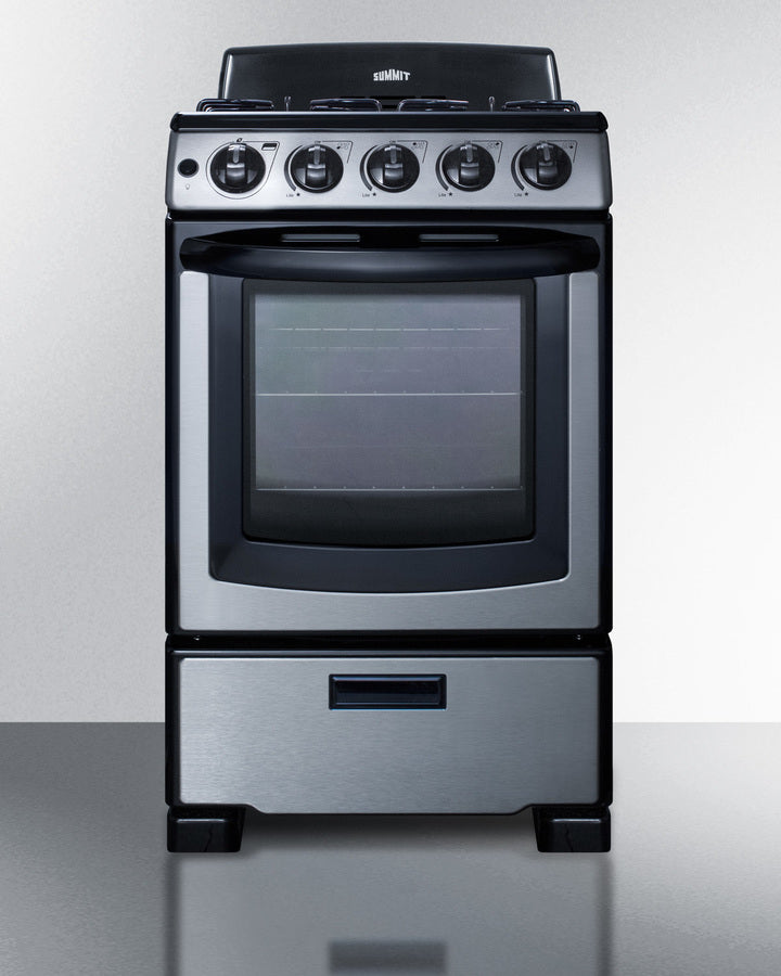 Summit PRO201SS 20-inch Gas Range in stainless steel with black accents, four burners, and a 2.3 cu.ft. porcelain oven, perfect for small kitchens - MyAppliancesShop