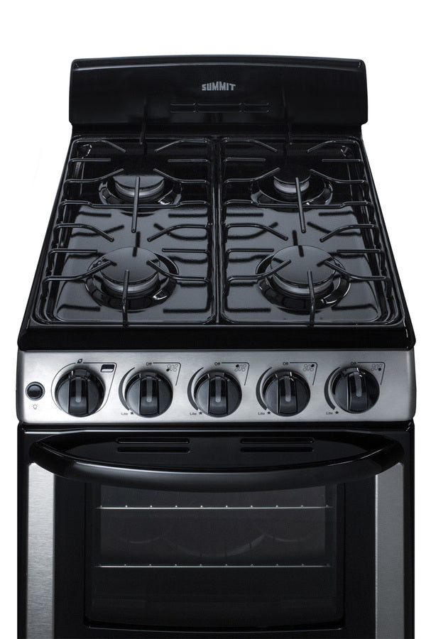 Summit PRO201SS 20-inch Gas Range in stainless steel with black accents, four burners, and a 2.3 cu.ft. porcelain oven, perfect for small kitchens - MyAppliancesShop