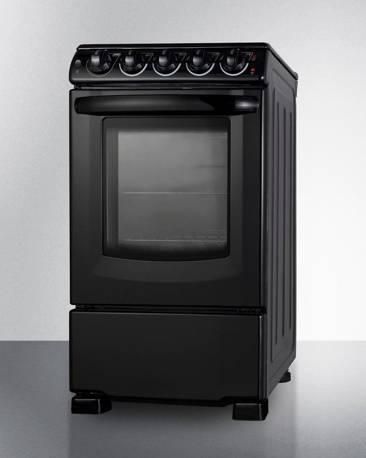 Summit REX2051BRT compact 20-inch electric range with jet black finish, ceramic glass surface, 2.3 cu.ft. oven, and removable stainless steel backguard - MyAppliancesShop