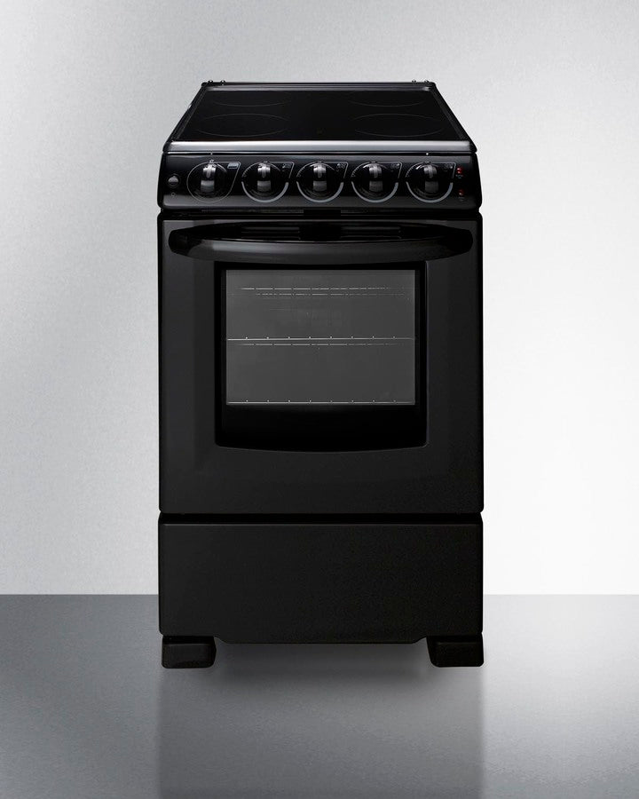 Summit REX2051BRT compact 20-inch electric range with jet black finish, ceramic glass surface, 2.3 cu.ft. oven, and removable stainless steel backguard - MyAppliancesShop