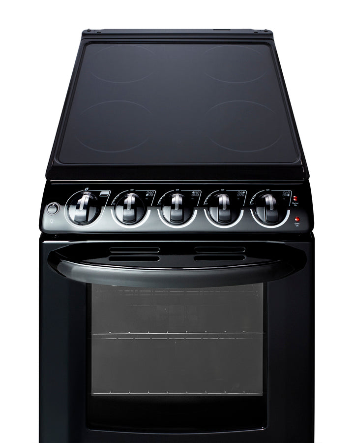 Summit REX2051BRT compact 20-inch electric range with jet black finish, ceramic glass surface, 2.3 cu.ft. oven, and removable stainless steel backguard - MyAppliancesShop