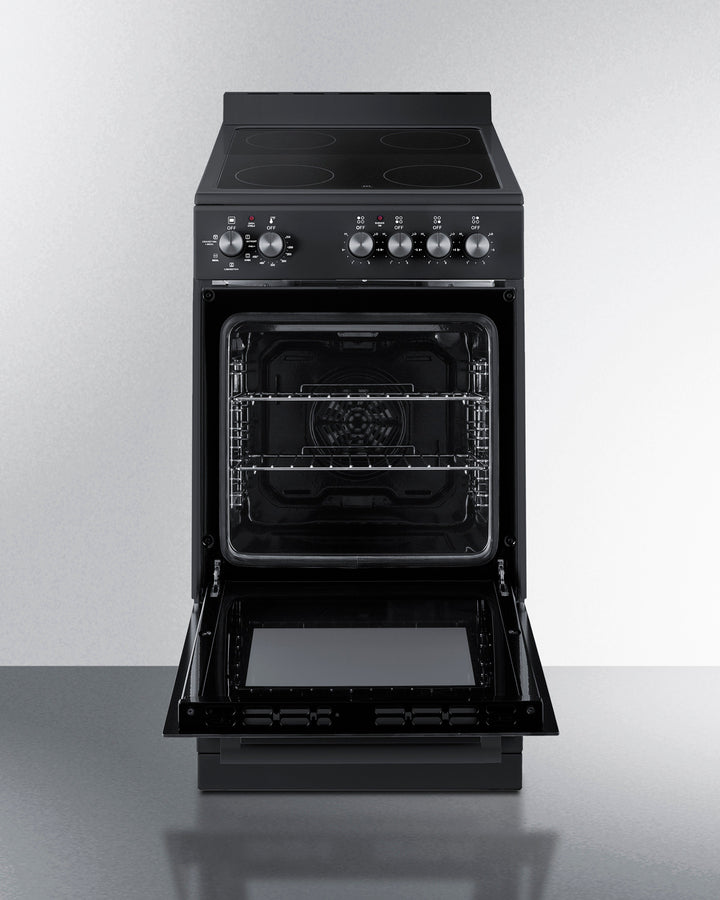 Summit REXT20BL 20-inch black electric range with glass cooktop, convection oven, and slide-out storage drawer for apartments and small kitchens - MyAppliancesShop