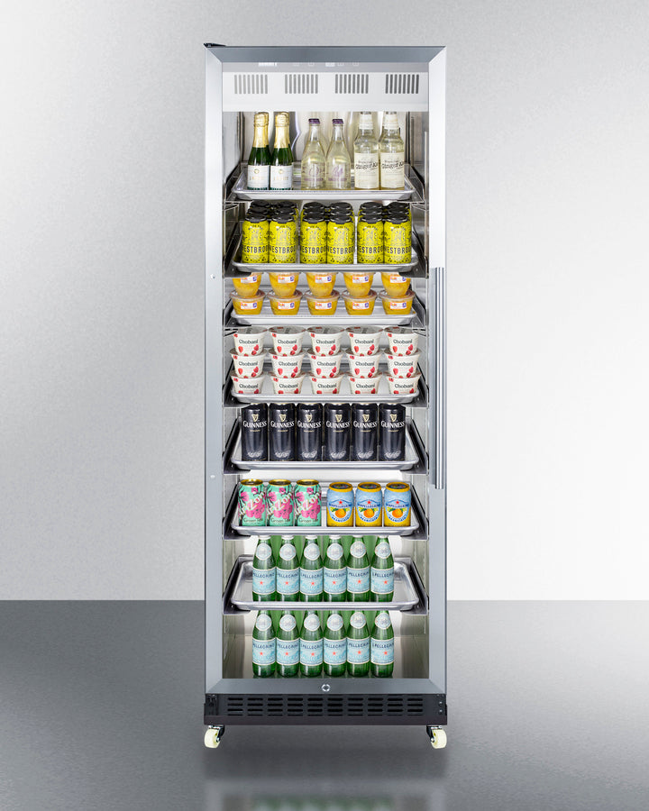 Summit SCR1401LHRI 24" Mini Reach-In Beverage Center with stainless steel trim, glass door, adjustable shelving, removable dolly, and lock, perfect for commercial environments - MyAppliancesShop