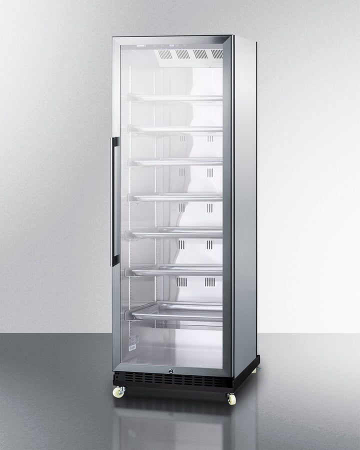 Summit SCR1401RICSS 24" Mini Reach-In Beverage Center with stainless steel construction, glass door, adjustable shelving, and removable dolly for easy portability in commercial settings - MyAppliancesShop