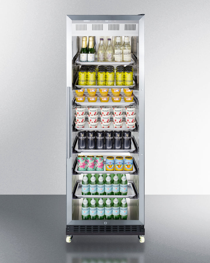 Summit SCR1401RICSS 24" Mini Reach-In Beverage Center with stainless steel construction, glass door, adjustable shelving, and removable dolly for easy portability in commercial settings - MyAppliancesShop