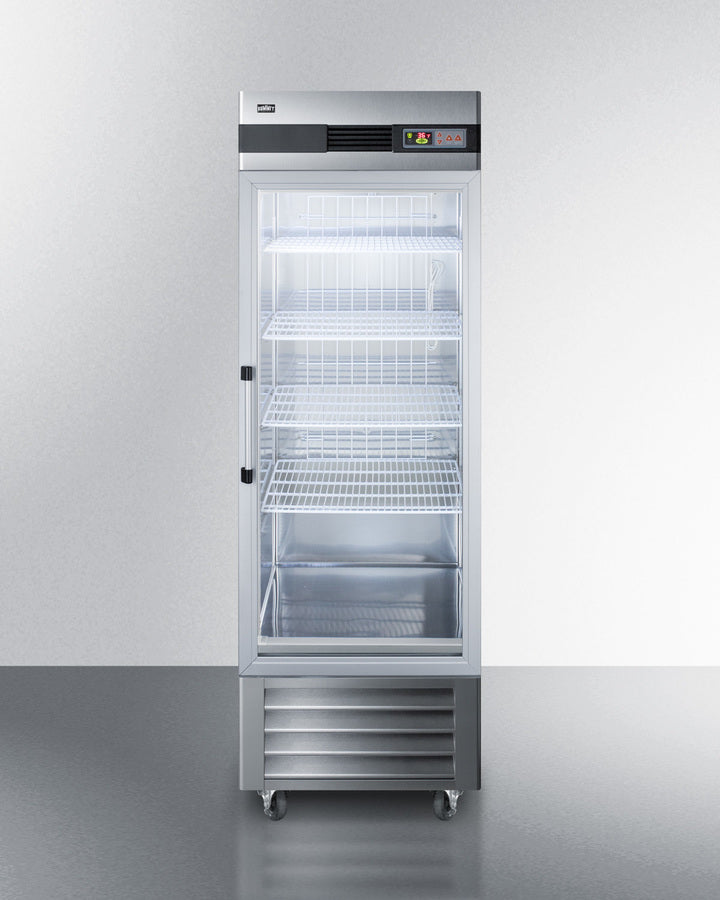 Summit SCR23SSG Reach-In Refrigerator with stainless steel cabinet and tempered glass door for product display - MyApplianceShop