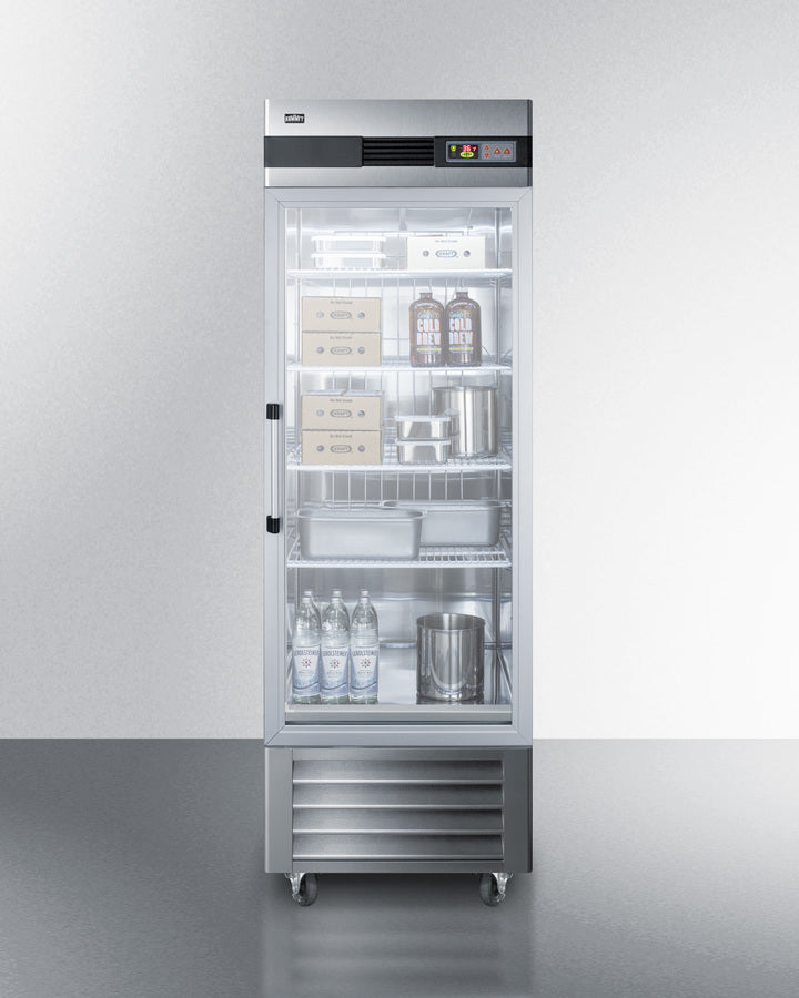 Summit SCR23SSG Reach-In Refrigerator with stainless steel cabinet and tempered glass door for product display - MyApplianceShop