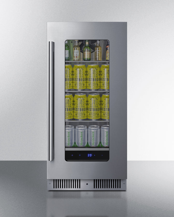 Summit SDHG1533 15-inch shallow depth beverage refrigerator with stainless steel interior, dimmable LED lighting, and reversible glass door - MyAppliancesShop