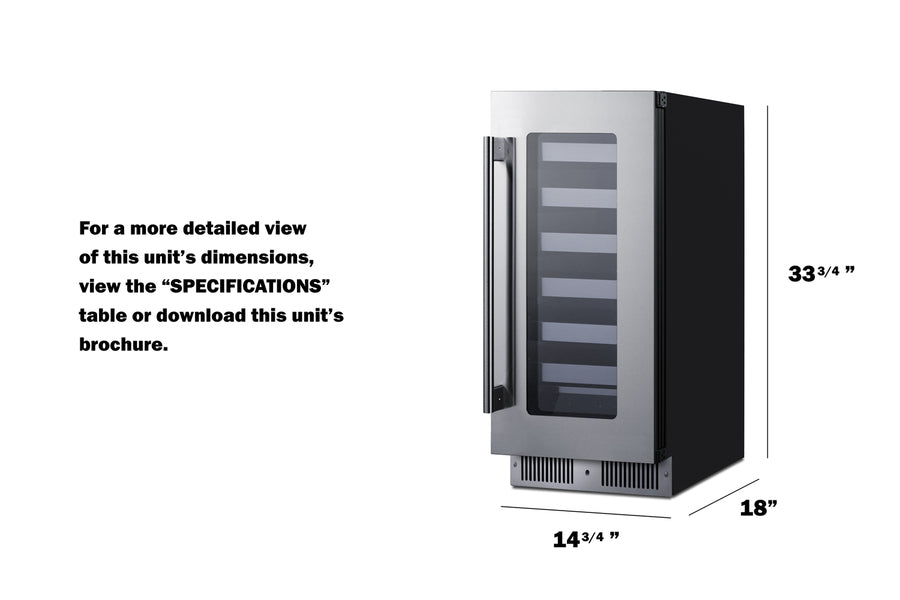 Summit SDHW1532LHD shallow-depth wine cellar with stainless steel door trim, LED lighting, and adjustable shelves for undercounter or freestanding use - MyAppliancesShop