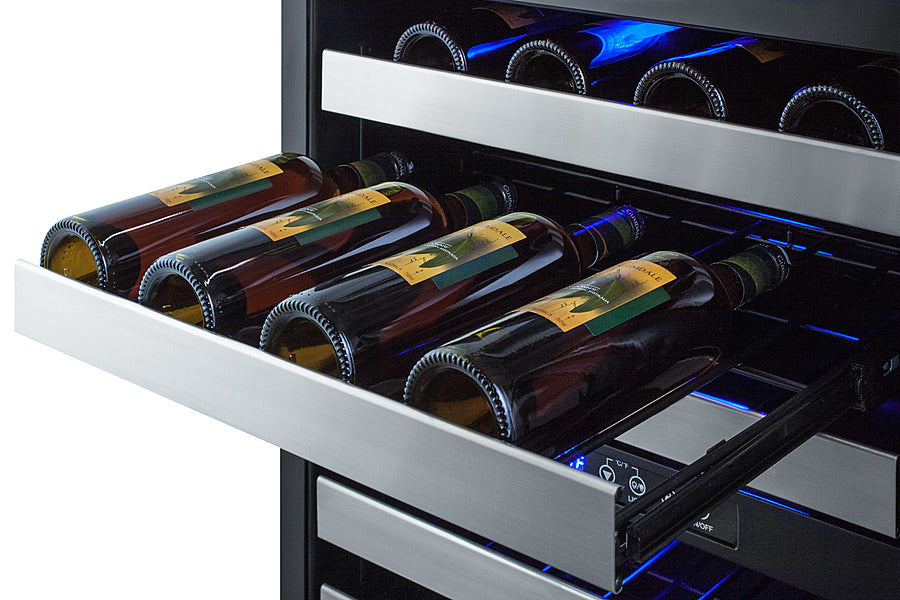 Summit SWC532BLBISTPNR dual zone wine cellar with custom panel-ready design, stainless steel trim, digital controls, and blue LED lighting - MyAppliancesShop