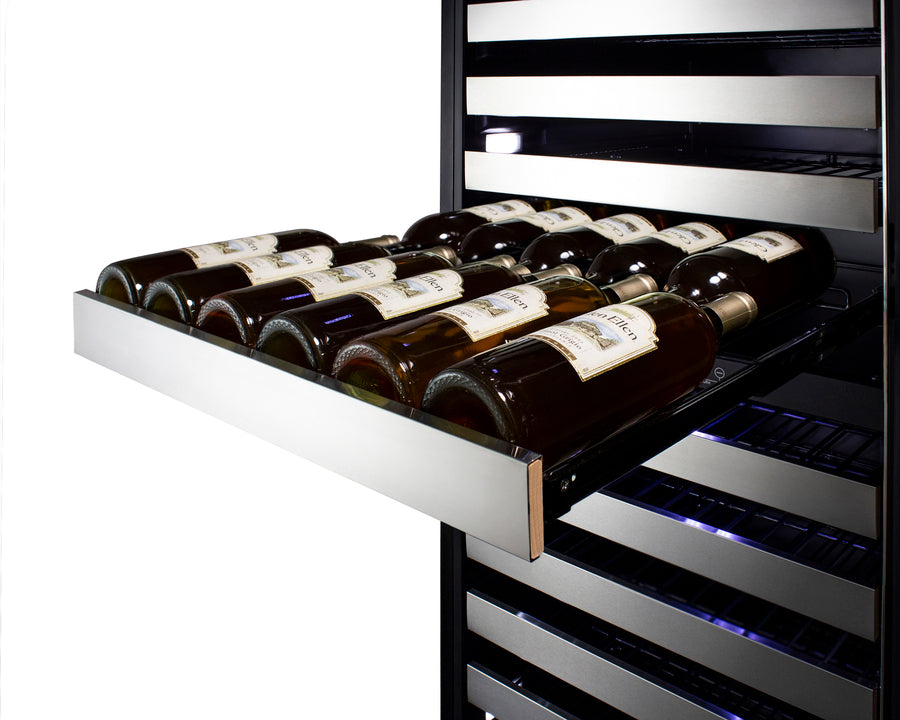 Summit SWCP2163 dual-zone wine cellar with stainless steel trim, LED lights, and full-extension shelves, designed for storing Bordeaux and Burgundy wines -MyAppliancesShop