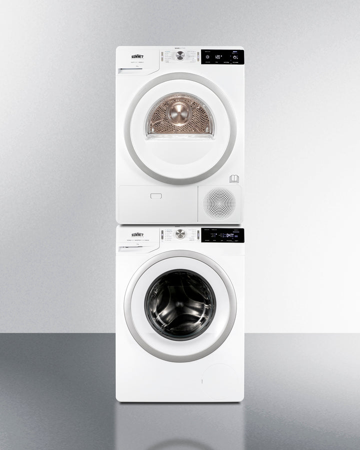 Summit SLS24W3P energy-efficient washer and heat pump dryer in stacked configuration with white finish and front-loading design - MyAppliancesShop