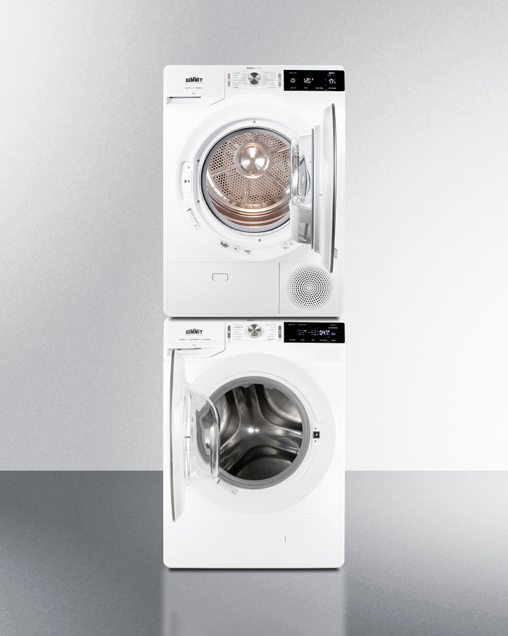 Summit SLS24W3P energy-efficient washer and heat pump dryer in stacked configuration with white finish and front-loading design - MyAppliancesShop