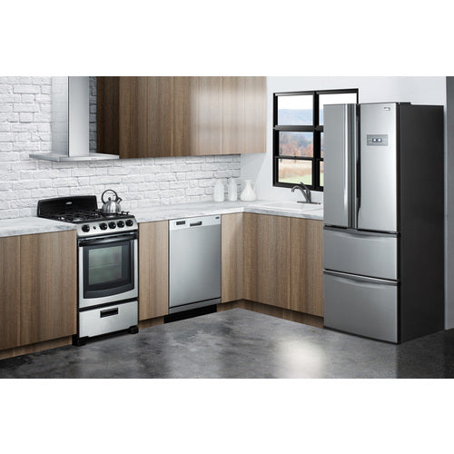 Summit PRO201SS 20-inch Gas Range in stainless steel with black accents, four burners, and a 2.3 cu.ft. porcelain oven, perfect for small kitchens - MyAppliancesShop