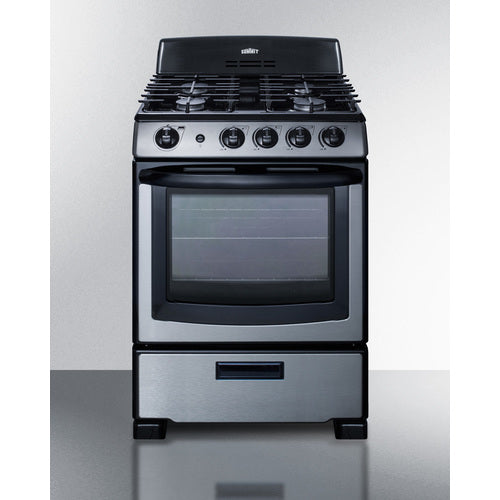 Summit PRO201SS 20-inch Gas Range in stainless steel with black accents, four burners, and a 2.3 cu.ft. porcelain oven, perfect for small kitchens - MyAppliancesShop