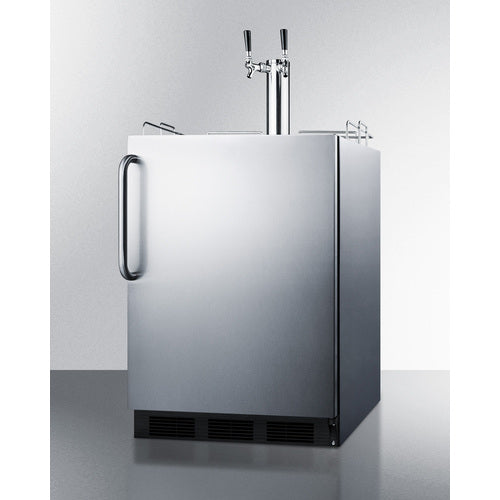 Front view of the Summit SBC54OSBIADA outdoor kegerator with dual-tap draft tower and stainless steel door - MyAppliancesShop