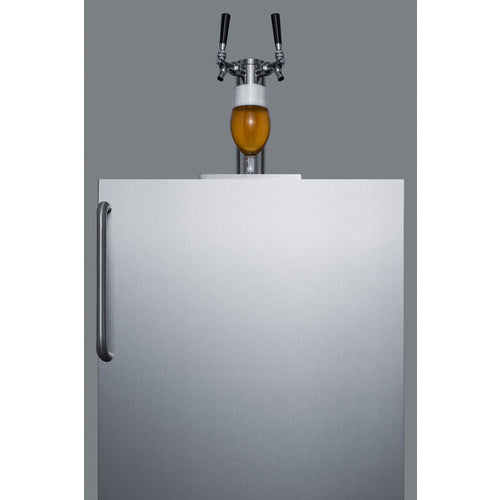 Front view of the Summit SBC54OSBIADA outdoor kegerator with dual-tap draft tower and stainless steel door - MyAppliancesShop