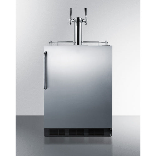 Front view of the Summit SBC54OSBIADA outdoor kegerator with dual-tap draft tower and stainless steel door - MyAppliancesShop