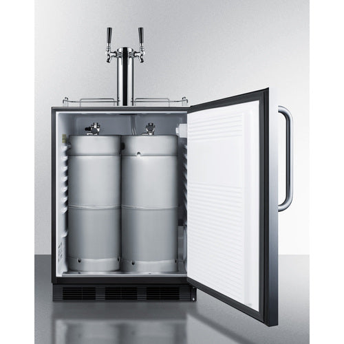 Front view of the Summit SBC54OSBIADA outdoor kegerator with dual-tap draft tower and stainless steel door - MyAppliancesShop