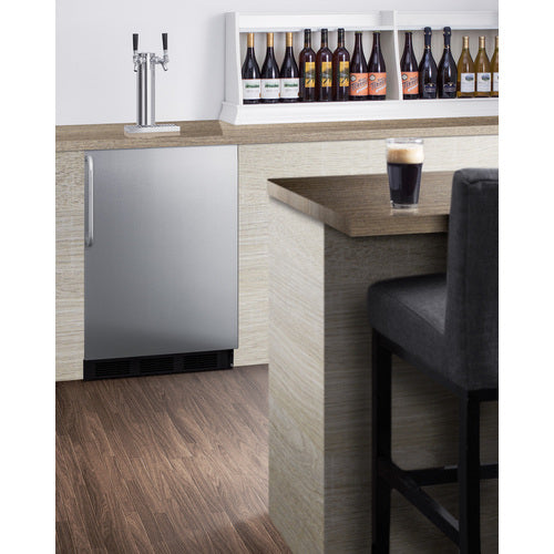 Front view of the Summit SBC54OSBIADA outdoor kegerator with dual-tap draft tower and stainless steel door - MyAppliancesShop